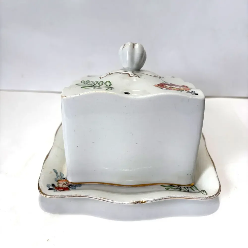 Vintage Floral Covered Cheese Keeper Butter Dish Gold Trim